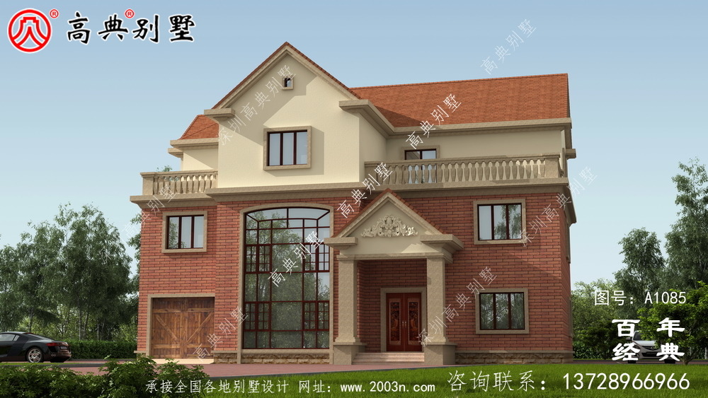 占地233平方米的自建大户型三层别墅设计效果图,红色别墅外墙砖效果喜庆!