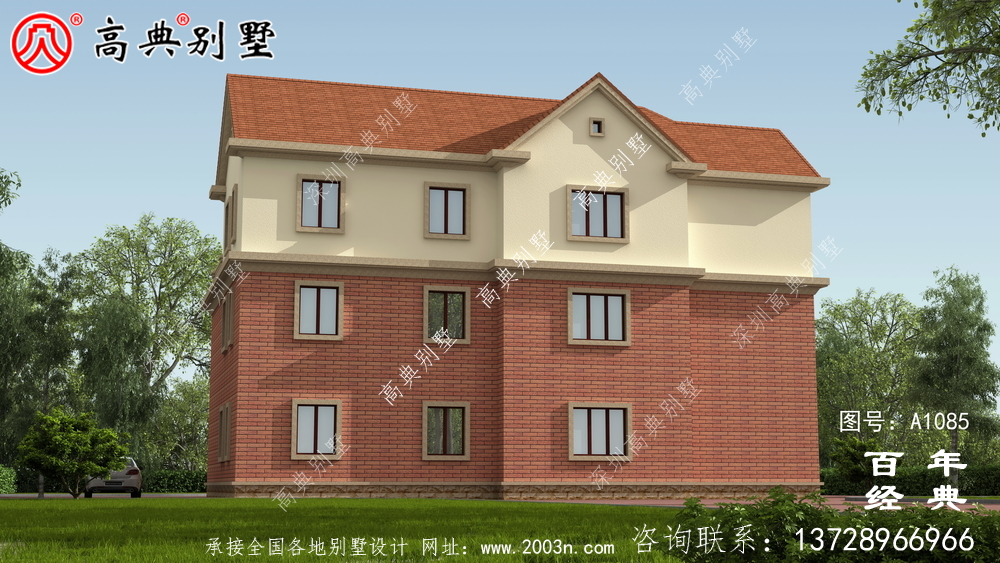 占地233平方米的自建大户型三层别墅设计效果图,红色别墅外墙砖效果喜庆!