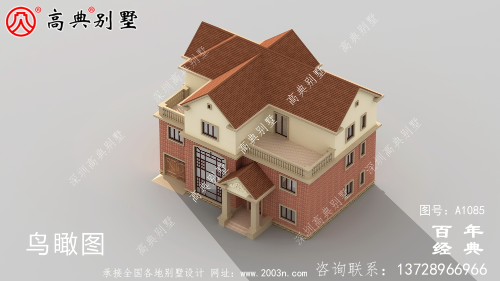 占地233平方米的自建大户型三层别墅设计效果图,红色别墅外墙砖效果喜庆!
