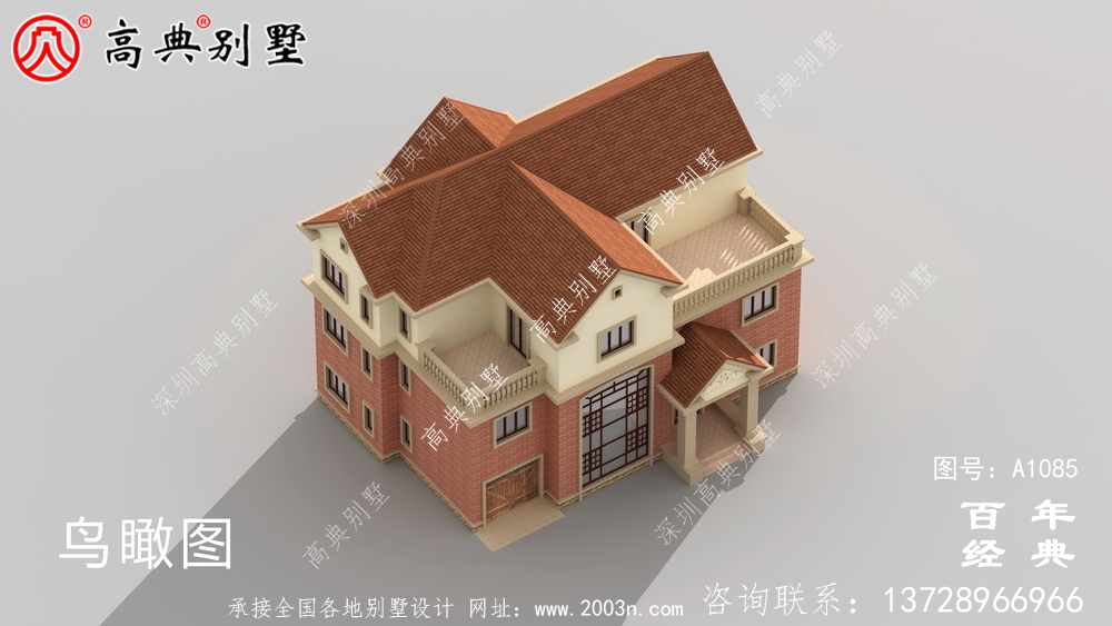 占地233平方米的自建大户型三层别墅设计效果图,红色别墅外墙砖效果喜庆!