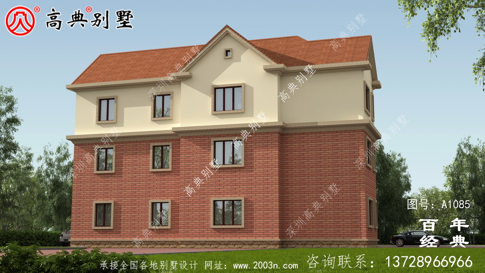 占地233平方米的自建大户型三层别墅设计效果图,红色别墅外墙砖效果喜庆!