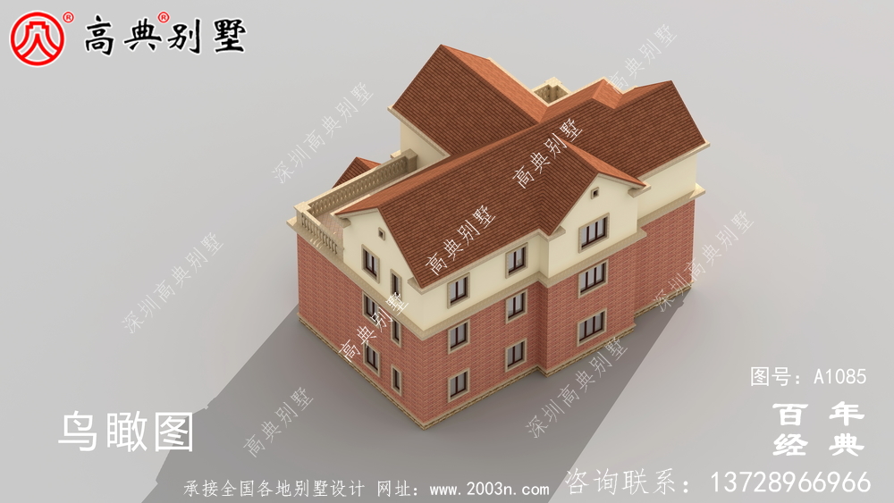 占地233平方米的自建大户型三层别墅设计效果图,红色别墅外墙砖效果喜庆!