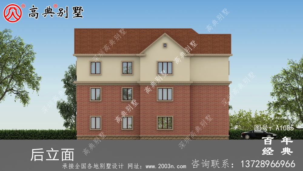 占地233平方米的自建大户型三层别墅设计效果图,红色别墅外墙砖效果喜庆!