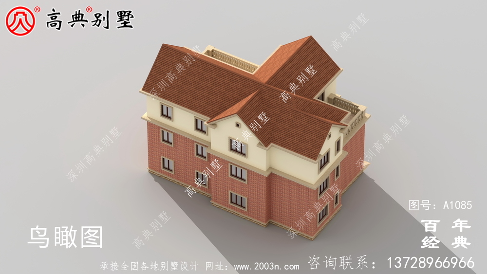 占地233平方米的自建大户型三层别墅设计效果图,红色别墅外墙砖效果喜庆!