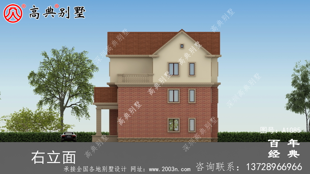 占地233平方米的自建大户型三层别墅设计效果图,红色别墅外墙砖效果喜庆!