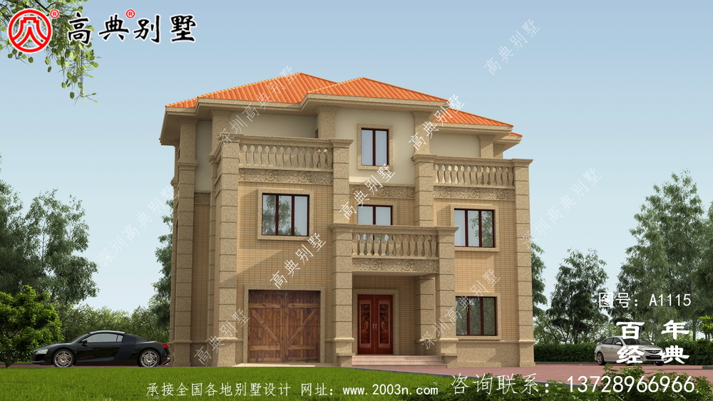 带车库的欧式三层别墅房屋设计图,大客厅挑高