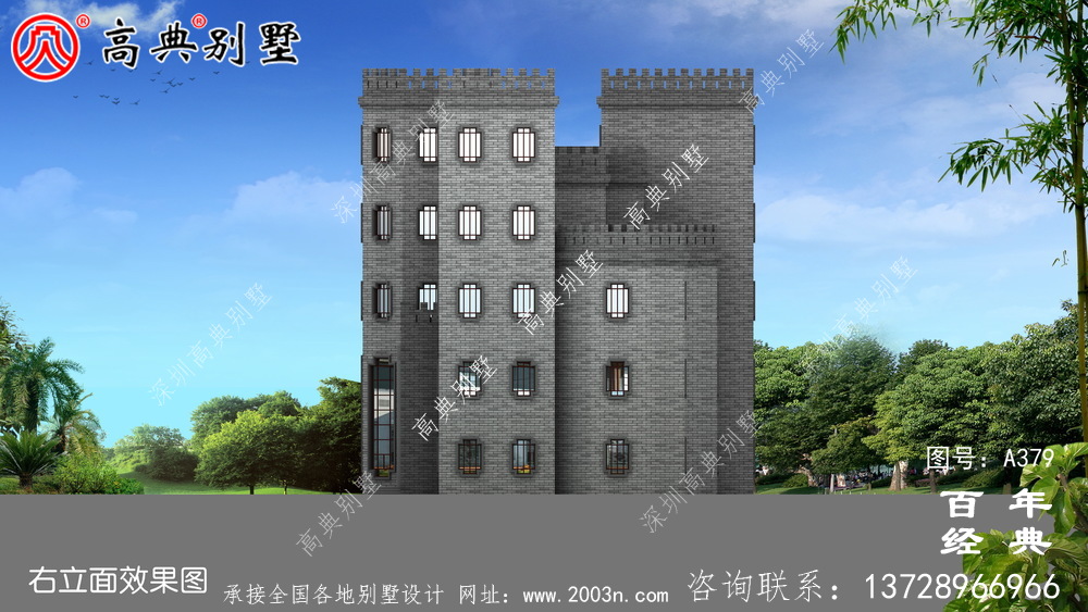新農村四層中式城堡別墅設計圖和效果圖立面清新獨特。
