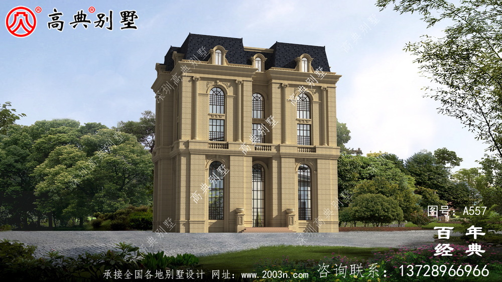 五层豪华的欧式自建筑造型,客厅空洞,三转楼梯