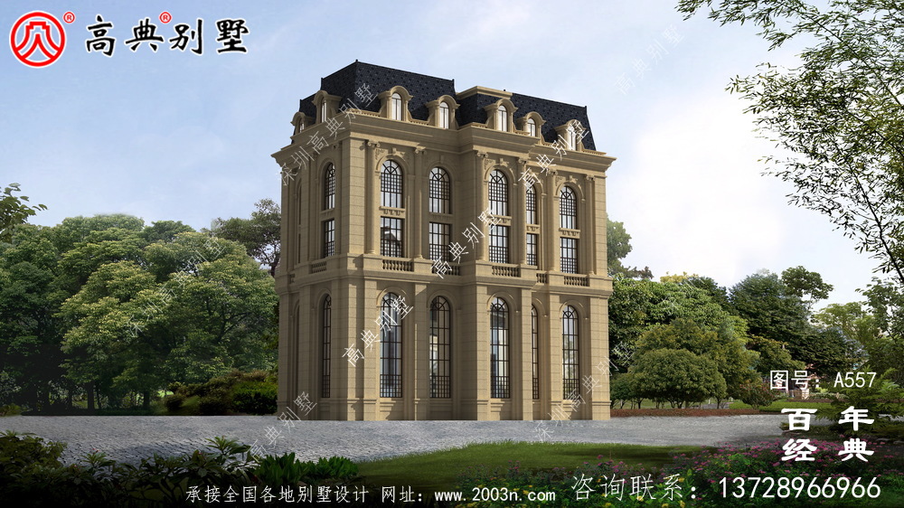 五层豪华的欧式自建筑造型,客厅空洞,三转楼梯