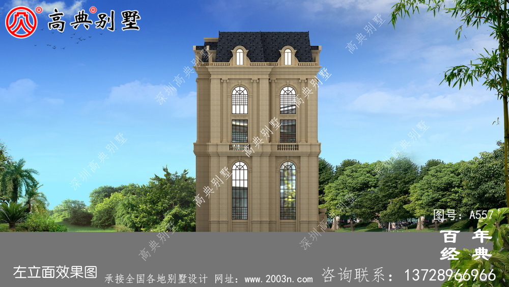 五层豪华的欧式自建筑造型,客厅空洞,三转楼梯