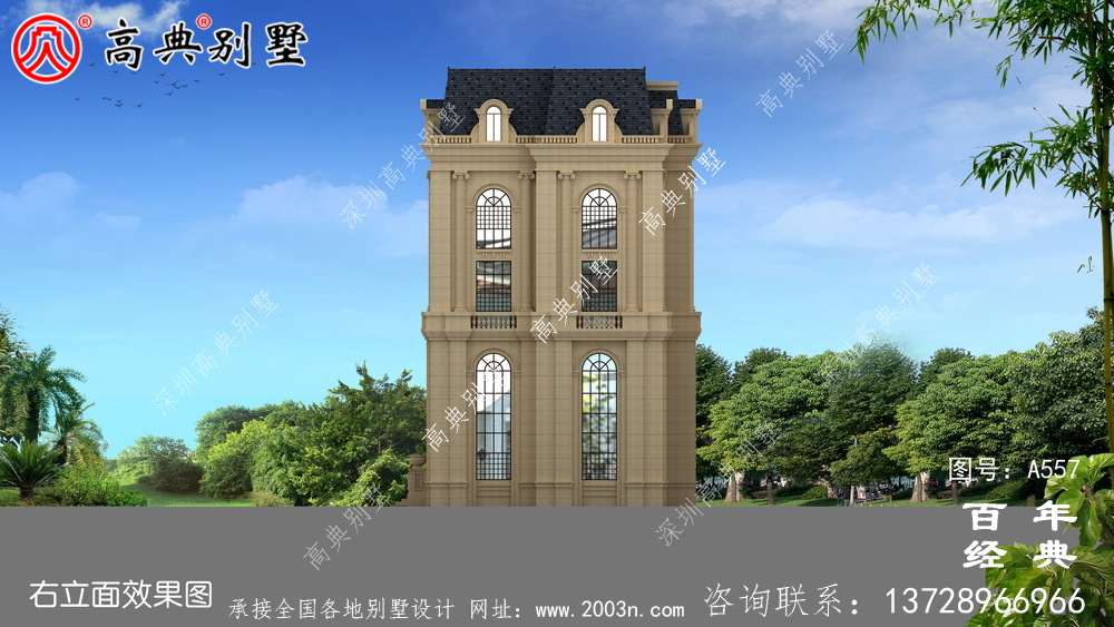 五层豪华的欧式自建筑造型,客厅空洞,三转楼梯