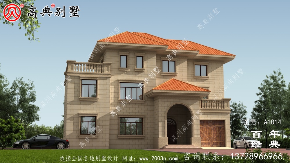 农村欧式三层住宅设计图纸,带阳台和车库