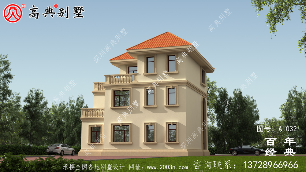 新农村三层别墅设计及效果图,预算约30万内,带车库。