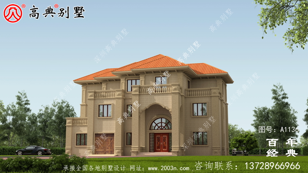 欧式三层别墅设计图及效果图,带车库设计房屋精选