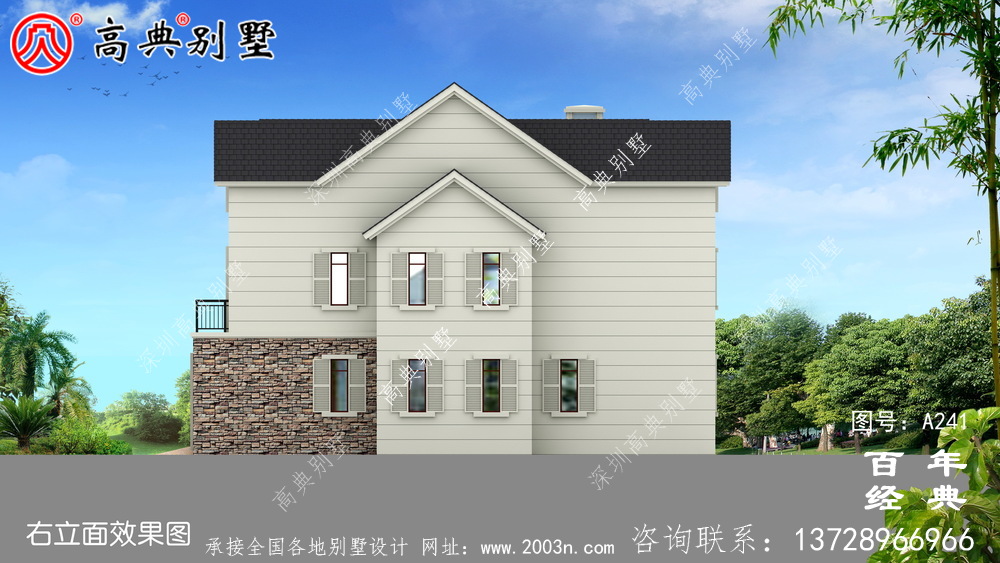 漂亮的两层带阁楼车库别墅效果图及施工图 房屋设计图