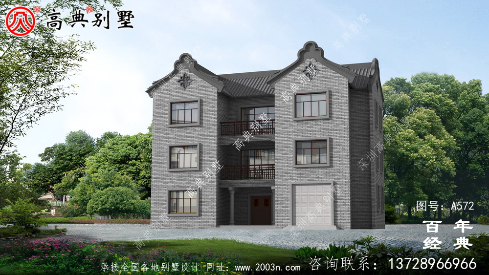 美丽的三层带车库别墅图纸_别墅设计图纸,新农村别墅,农村自建设计