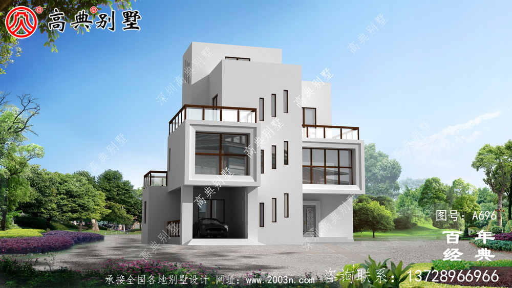 現(xiàn)代三層陽臺別墅圖紙與效果圖_三層住宅設計圖