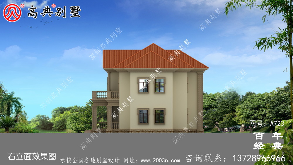 欧式二层阳台别墅设计图工程图纸_双层小别墅设计图纸