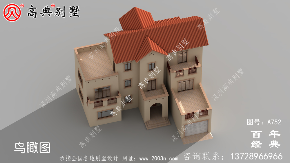 歐式三層帶陽臺車庫別墅設計工程圖紙_三層別墅效果圖