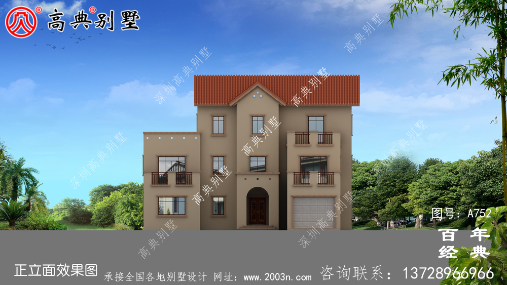 歐式三層帶陽臺車庫別墅設計工程圖紙_三層別墅效果圖