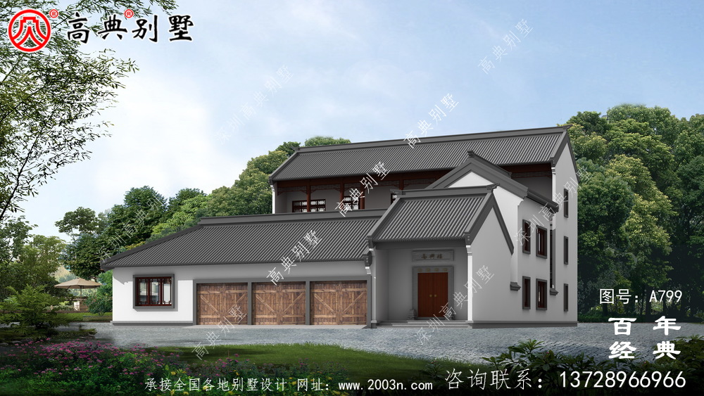 中式風格三層帶車庫別墅設計圖紙及效果圖_三層房屋設計圖紙