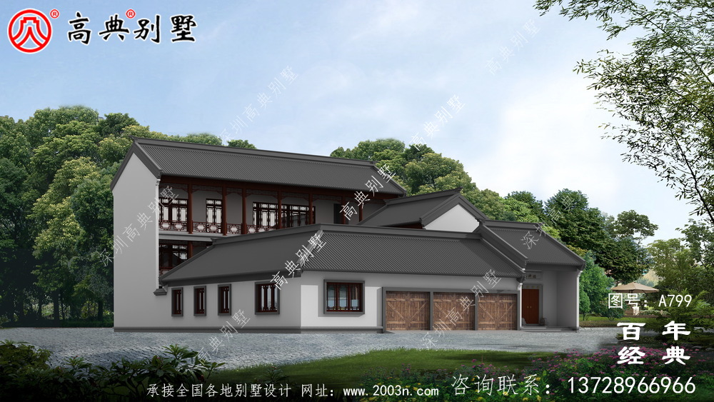 中式風格三層帶車庫別墅設計圖紙及效果圖_三層房屋設計圖紙