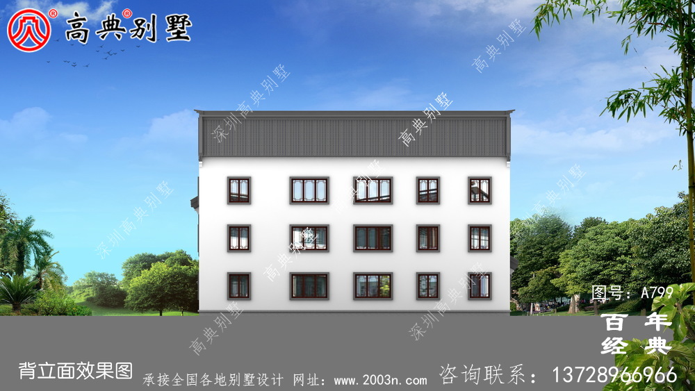 中式風格三層帶車庫別墅設計圖紙及效果圖_三層房屋設計圖紙