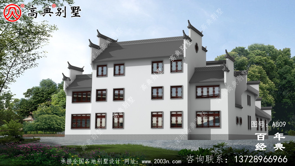 三層中式自建住宅設計圖紙及效果圖_徽派房子設計圖紙