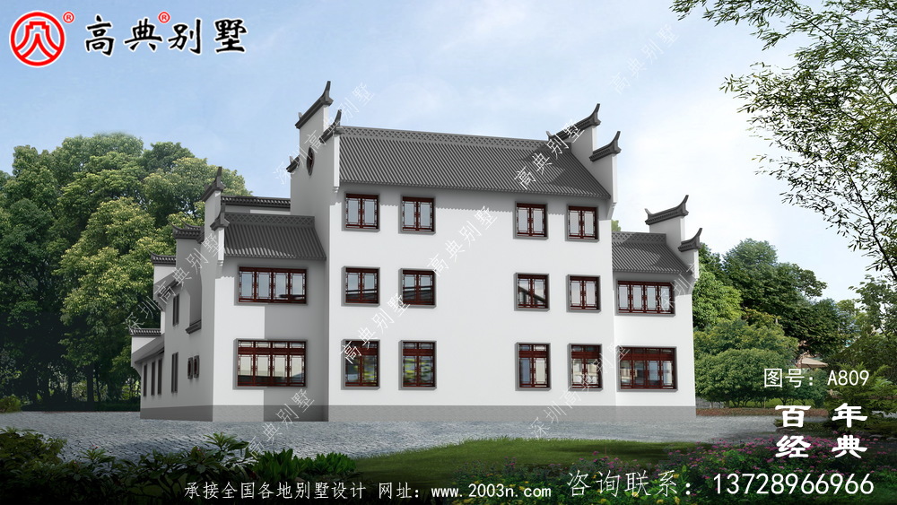 三層中式自建住宅設計圖紙及效果圖_徽派房子設計圖紙