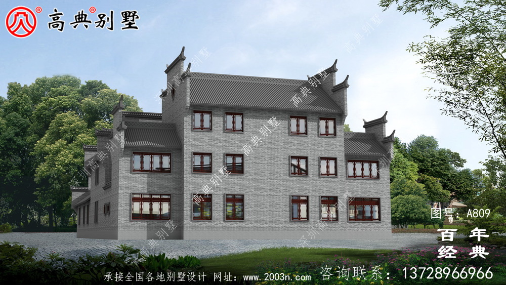 三層中式自建住宅設計圖紙及效果圖_徽派房子設計圖紙