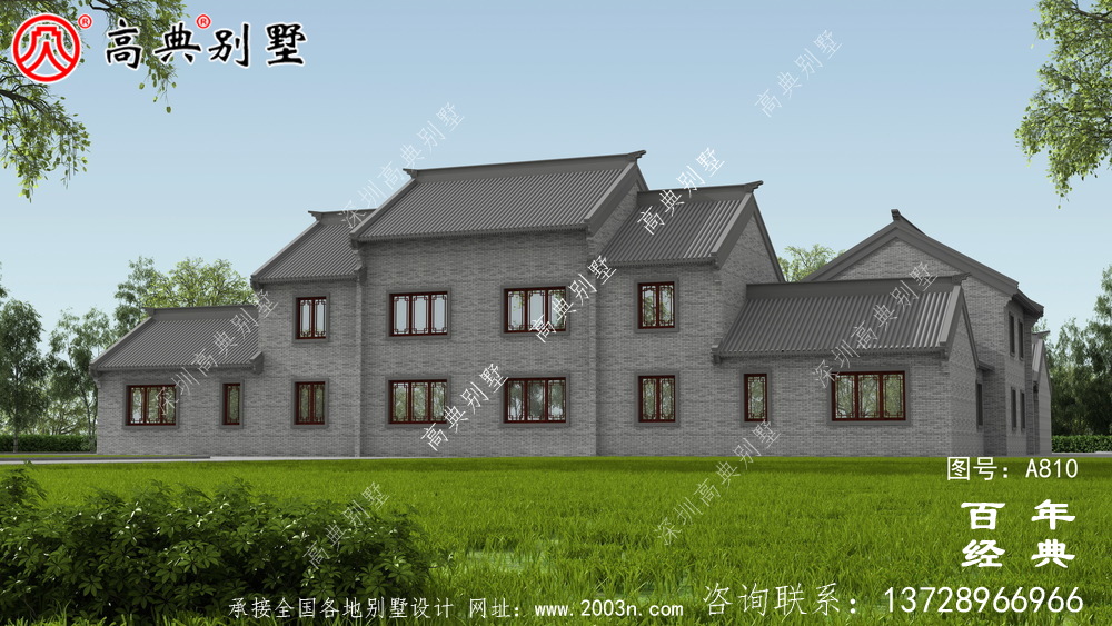 中式两层带院子别墅设计效果图及施工图_农村两层别墅设计图纸