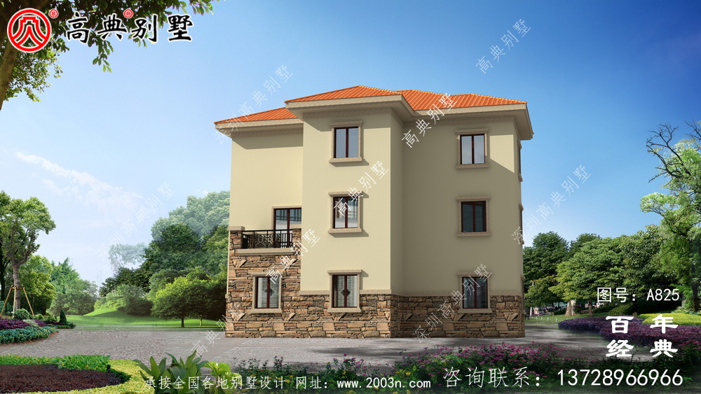 歐式風格三層帶陽臺戶型房子別墅設計圖紙_鄉村自建房設計效果圖