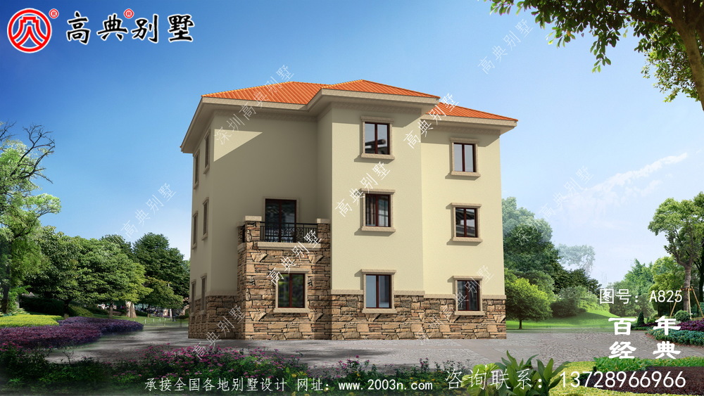 歐式風格三層帶陽臺戶型房子別墅設計圖紙_鄉村自建房設計效果圖