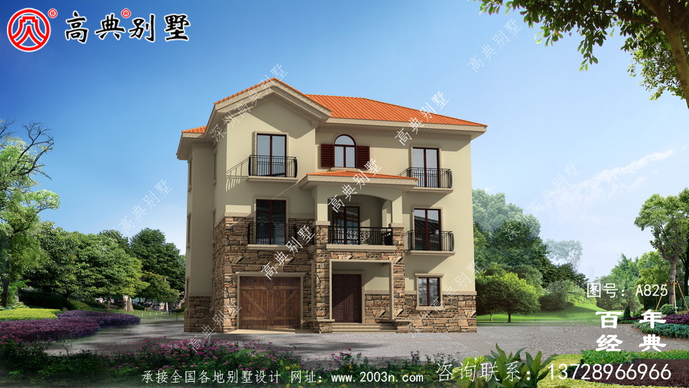 歐式風格三層帶陽臺戶型房子別墅設計圖紙_鄉村自建房設計效果圖