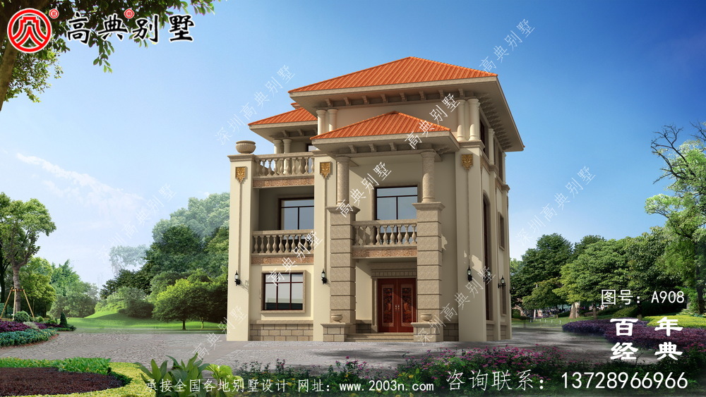 欧式三层带阳台别墅设计图纸及效果图_乡村三层别墅设计图