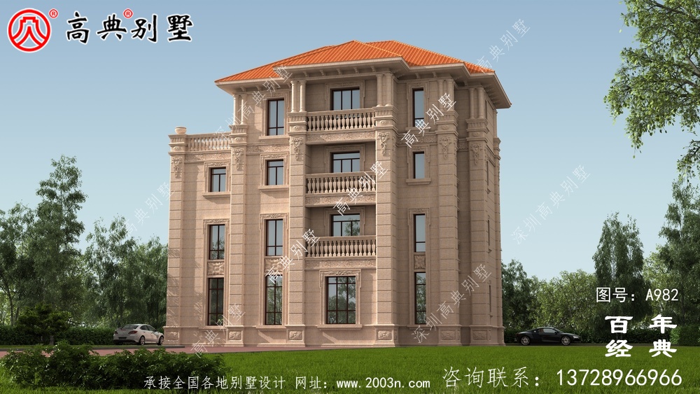 歐式四層帶陽臺復式豪宅別墅設計圖紙及效果圖_四層別墅外觀效果圖