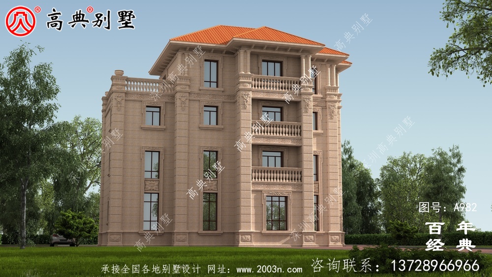 歐式四層帶陽臺復式豪宅別墅設計圖紙及效果圖_四層別墅外觀效果圖