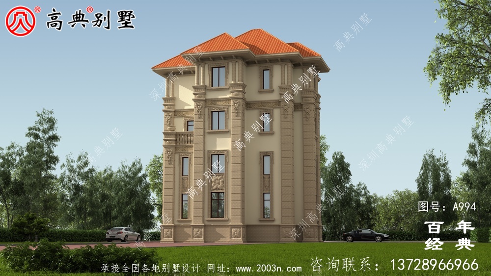 复式四层欧式别墅的外观效果图与施工图设计_四层别墅设计图