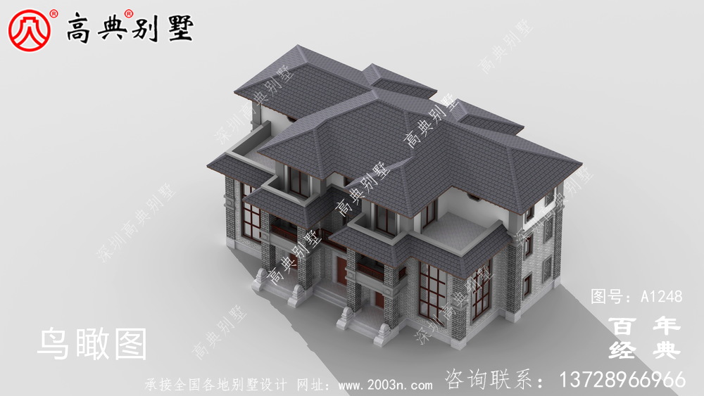 复式双拼三层新中式别墅外观设计效果图_农村三层别墅设计图纸