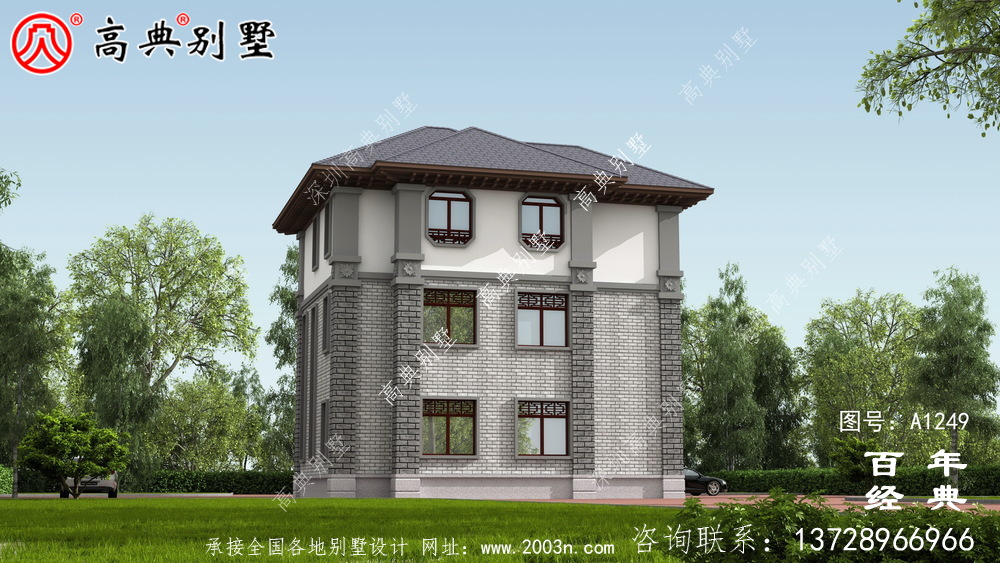 新中式三層復式農村別墅設計圖紙及效果圖_三層別墅外觀效果圖