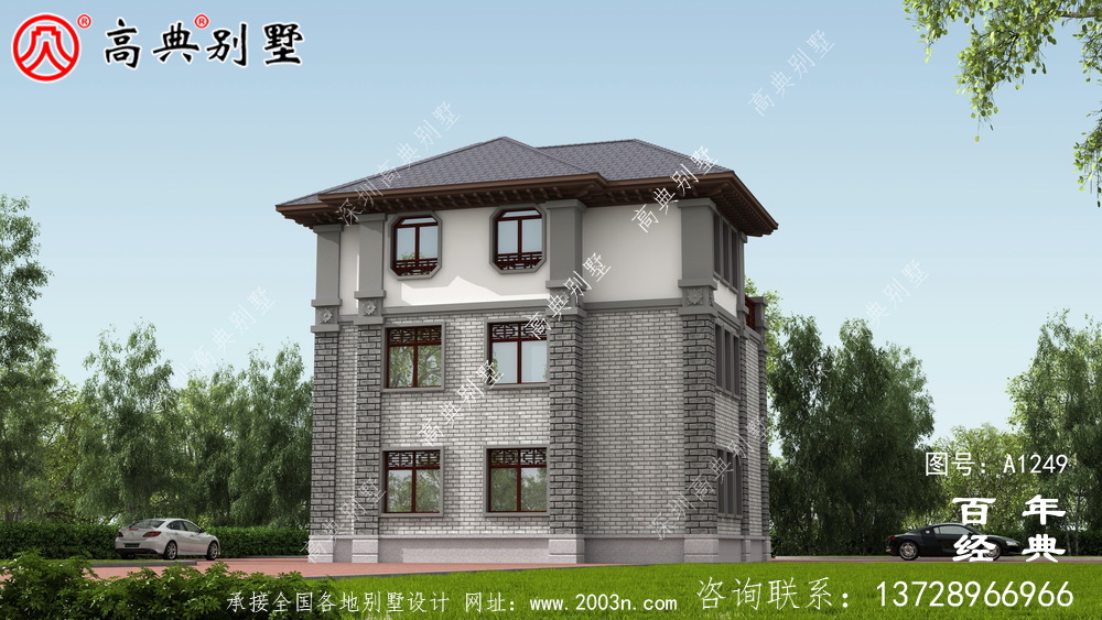 新中式三層復式農村別墅設計圖紙及效果圖_三層別墅外觀效果圖