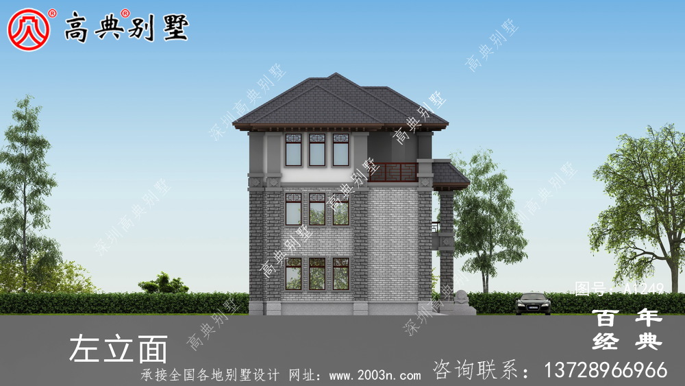 新中式三層復式農村別墅設計圖紙及效果圖_三層別墅外觀效果圖