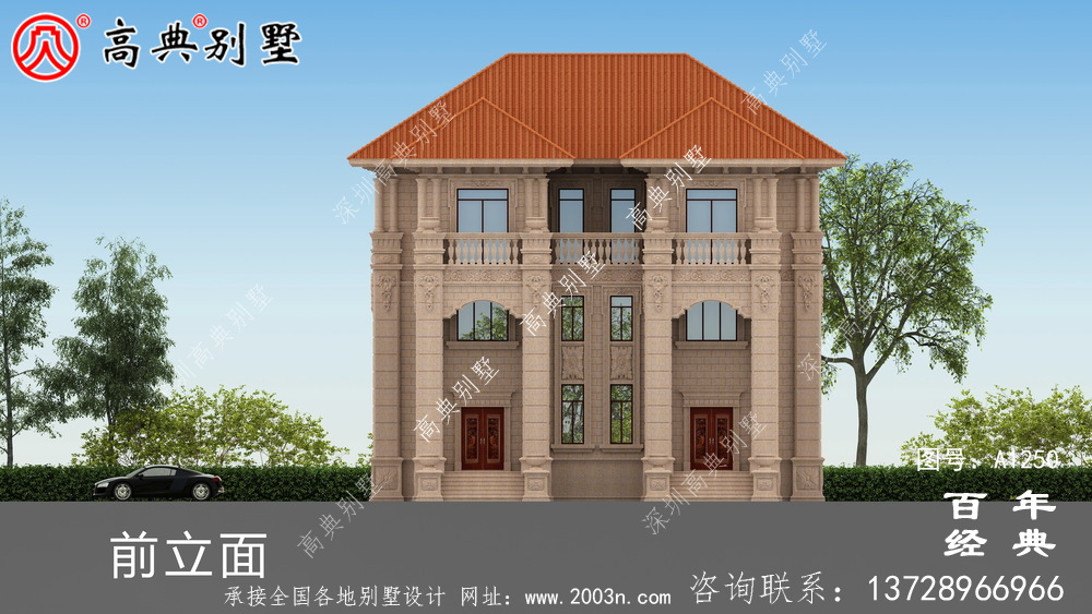 大氣雙拼三層歐式別墅外觀效果圖及施工圖設計_三層別墅設計圖