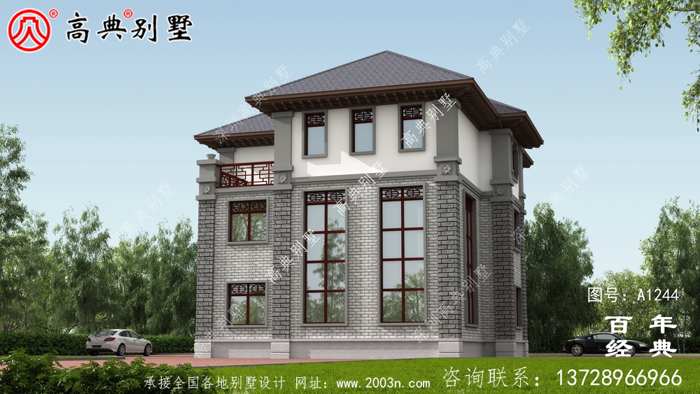 新中式三層帶車庫農(nóng)村別墅外觀效果圖及施工圖設(shè)計_三層別墅設(shè)計圖紙