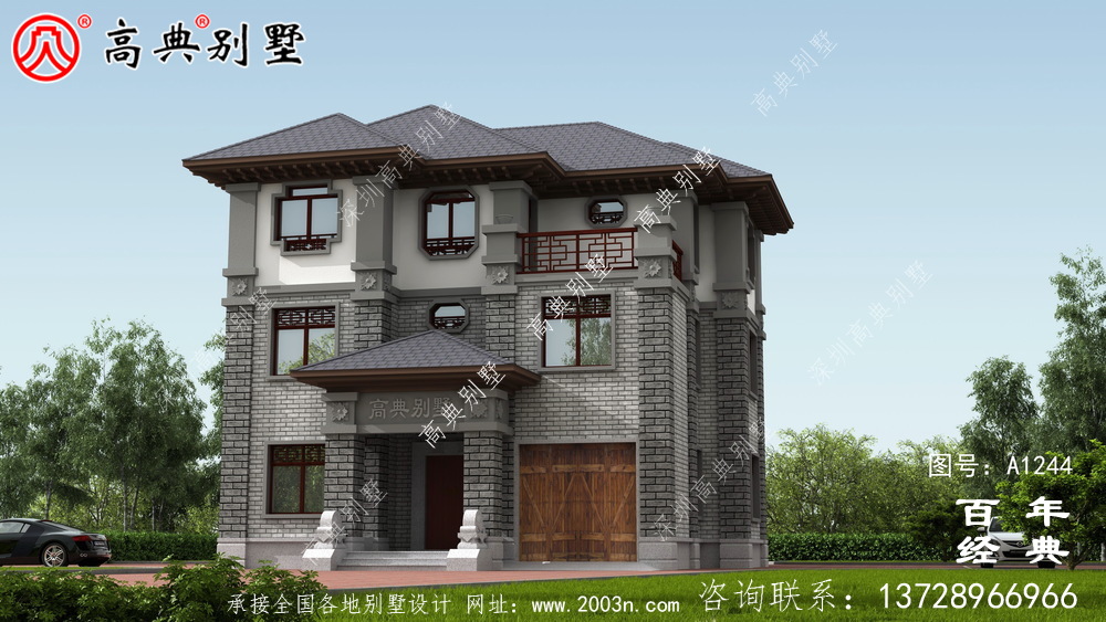 新中式三層帶車庫農(nóng)村別墅外觀效果圖及施工圖設(shè)計_三層別墅設(shè)計圖紙