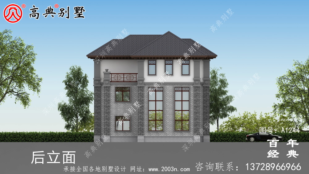 新中式三層帶車庫農(nóng)村別墅外觀效果圖及施工圖設(shè)計_三層別墅設(shè)計圖紙