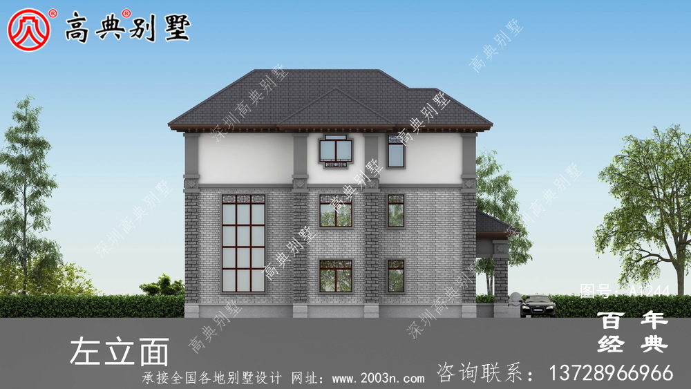 新中式三層帶車庫農(nóng)村別墅外觀效果圖及施工圖設(shè)計_三層別墅設(shè)計圖紙