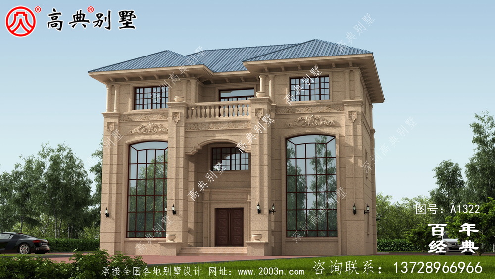 带露台的典雅复式三层别墅设计效果图和施工图_农村三层别墅设计图