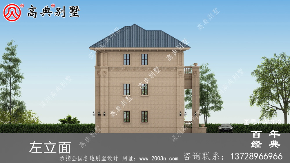 带露台的典雅复式三层别墅设计效果图和施工图_农村三层别墅设计图