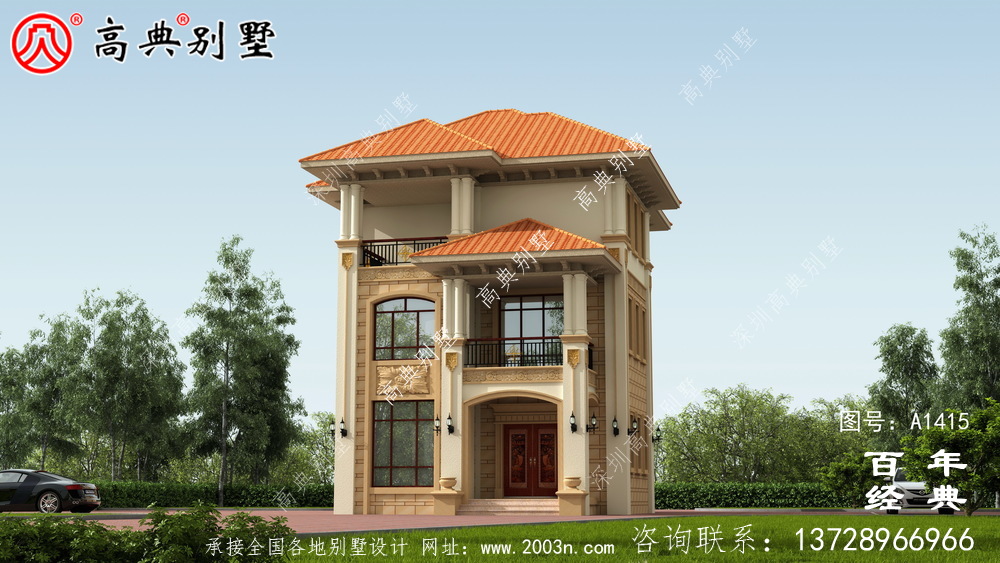 农村三层欧式小别墅外观效果图设计图_乡村别墅工程图纸